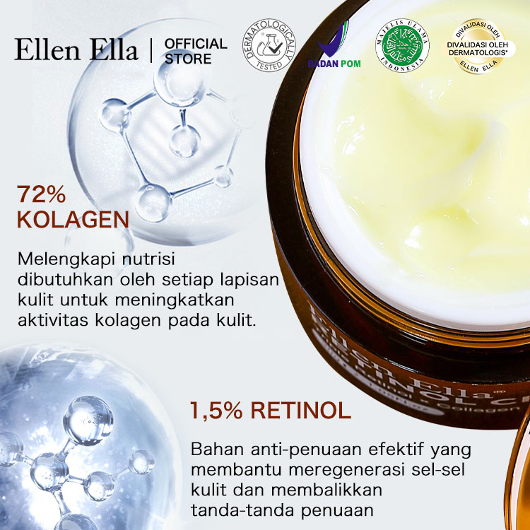 BPOM - Upgrade Ellen Ella Retinol Face Cream-Efek meningkat sebesar 50% - Membantu mengungkapkan kulit yang tampak lebih halus dan lebih kencang dengan perawatan retinol yang lembut ini.